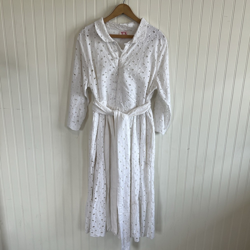 Victoria Dunn Cotton Eyelet Tiered Button Up Dress Size Large